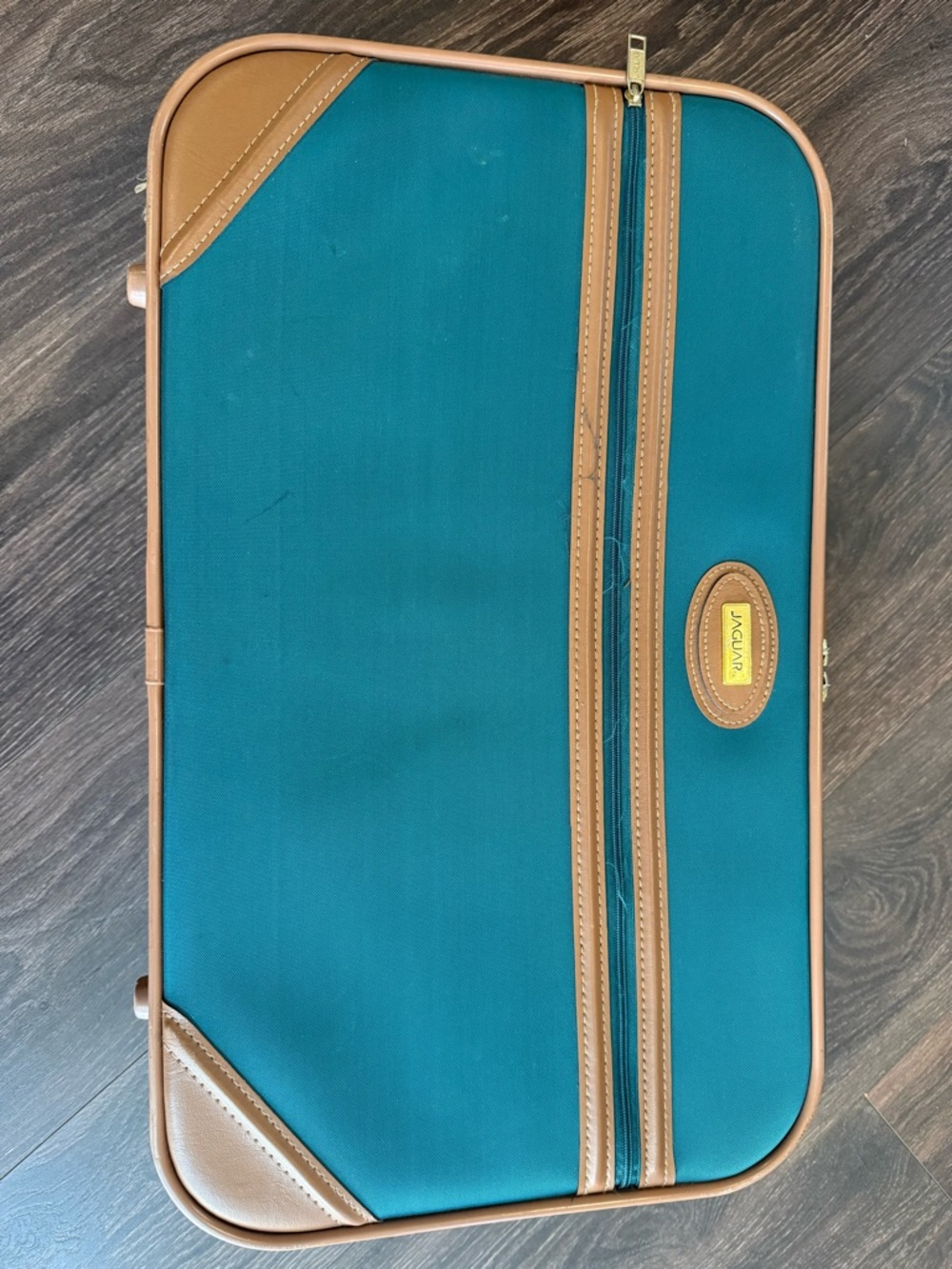 Vintage Jaguar Luggage Suitcase Green Nylon And Brown Leather Bag 26x18x8 CLEAN!